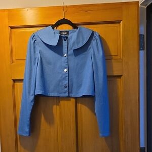 Cider Blue Button-Up Cropped Blazer